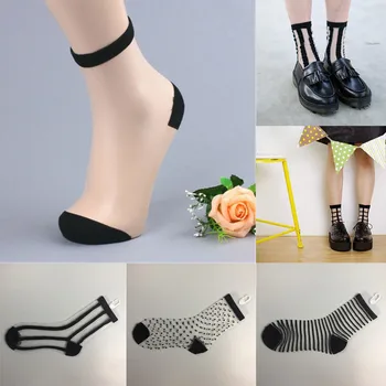 Винтажные носки в горошек для экипажа, Летние ультратонкие сетчатые Ажурные кружевные Свободные полосатые носки в Японском стиле Harajuku, открытые женские носки