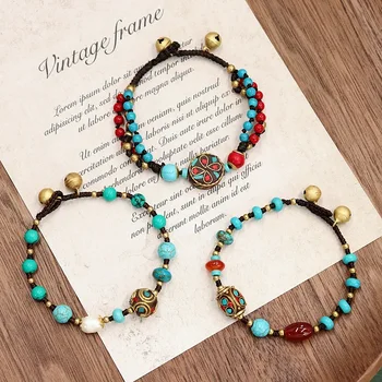 Винтажный браслет из медных бусин Древнего Непальского закона, Женский браслет в тибетском этническом стиле, Персонализированный Синий браслет простого плетения