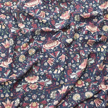 вискозно-шифоновая ткань высотой около метра, растения и цветы на темно-синем фоне, модные ткани для одежды