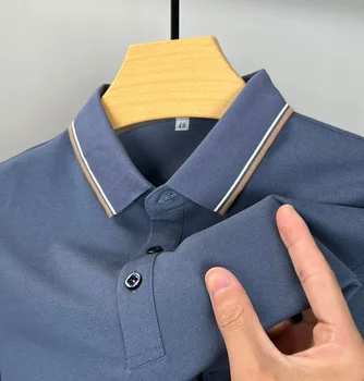 Высококачественная футболка из мерсеризованного хлопка с длинными рукавами, мужская весенне-осенняя новая модная деловая повседневная рубашка поло с контрастным отворотом.