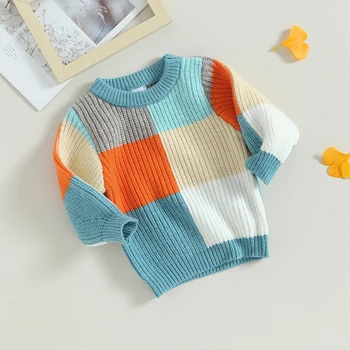 Вязаный свитер для маленьких девочек и мальчиков повседневного теплого контрастного цвета, пуловеры с длинными рукавами, осенне-зимний трикотаж для младенцев, Трикотаж для детей