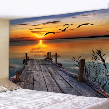 Гобелен с птицей на закате Для спальни Красивый пейзаж Закат Морская волна Озеро Тканевый фон на стене Потолок Домашний декор