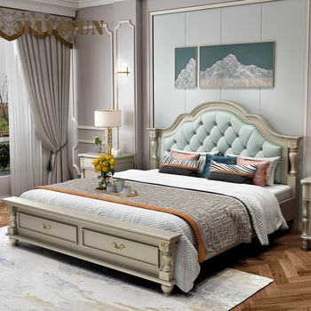 Двуспальные кровати в американском стиле с двумя ящиками для хранения, Мебель для спальни из массива дерева, Мягкая кожаная спинка, Роскошный комплект для кровати King Size