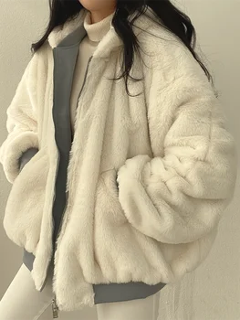 Двустороннее пальто с капюшоном, женские зимние Флисовые утепленные парки Оверсайз, женская повседневная свободная верхняя одежда в корейском стиле на молнии