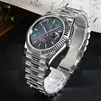 Деловые мужские часы San Martin 40 мм, винтажный циферблат MOP, ретро Роскошный сапфир PT5000, автоматическая механическая резьба, рифленый безель, 10 бар