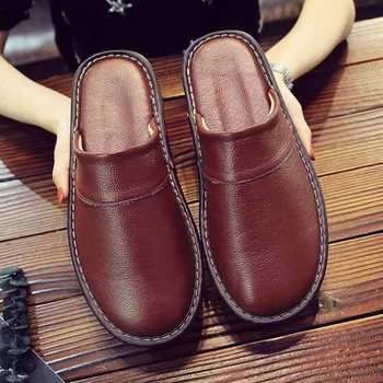 Демисезонная домашняя обувь, мужские и женские тапочки, большие размеры 35 46, мужские лаконичные коричневые простые кожаные домашние тапочки для мужчин