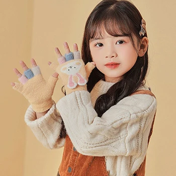 Детские зимние теплые утепленные перчатки, мягкие полупальцевые перчатки без пальцев с животными для девочек, уличные теплые варежки, перчатки для детей