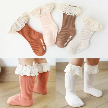 Детские носки для малышей, девочек до колена, мягкие хлопковые кружевные носки для маленьких детей, носки для маленьких девочек от 0 до 3 лет Осенняя одежда