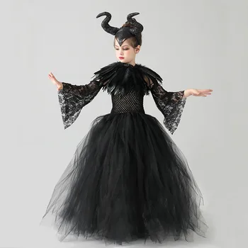 Детский костюм-пачка Черного Дьявола, Готический костюм для девочек на Хэллоуин, Нарядное платье-пачка С шалью из перьев, Платье Королевской Темной Королевы, Платье 10T