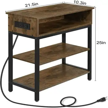 Домашний 3-слойный приставной столик с полкой для хранения со встроенной станцией быстрой зарядки с USB-портами в деревенском стиле из обожженного дерева
