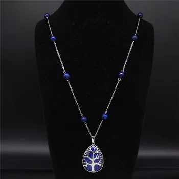 Древо Жизни, натуральный камень, Нержавеющая сталь, Длинные ожерелья из бус, Женские ожерелья и подвески синего цвета, ювелирные изделия colgantes NF1S04