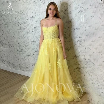 Желтое тюлевое платье для выпускного вечера, элегантное женское платье для вечеринки, платья на тонких бретельках, трапециевидные платья на заказ, бальное платье, халат