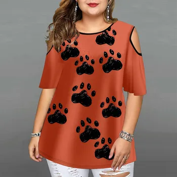 Женская модная Летняя футболка с круглым вырезом и коротким рукавом с открытыми плечами, Пуловер с 3D принтом Собачьей Лапы, Женская Трендовая одежда