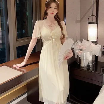 Женская сетчатая ночная рубашка, летнее женское сексуальное ночное платье с коротким рукавом и V-образным вырезом, однотонный дизайн с бантом, ночная рубашка во французском стиле для женщин