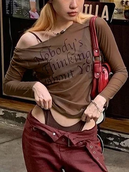 Женская сетчатая футболка с длинным рукавом, круглый вырез, буквенный принт, Прозрачные облегающие прозрачные топы, клубная одежда