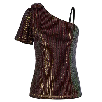 Женская футболка Jasambac, Праздничные топы с блестками, Асимметричные топы с коротким рукавом и косым вырезом, Летняя одежда для женщин