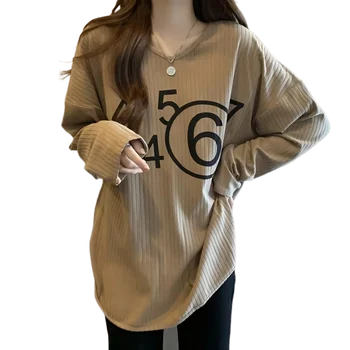 Женская футболка с принтом для полных девушек Большого размера Неправильной формы С длинными рукавами, Приталенный Свободный Утолщенный Топ