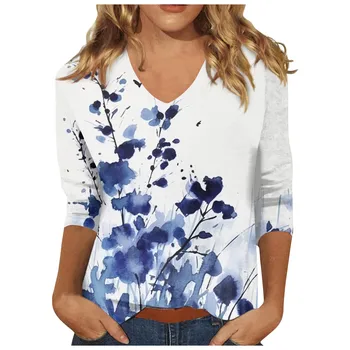 Женские блузки больших размеров, футболка с V-образным вырезом и рукавом 3/4, модные повседневные облегающие топы и блузки, пуловеры