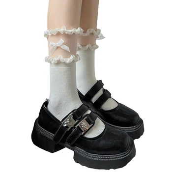 Женские длинные носки, милые носки с оборками, носки в стиле Лолиты в стиле пэчворк с бантиком для уличной вечеринки