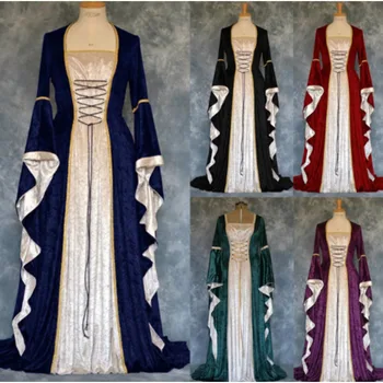 Женские костюмы для косплея в европейском средневековом ретро-дворце на Хэллоуин, длинное платье, золотистый бархат, рукава-фонарики, элегантная юбка в пол, 5XL