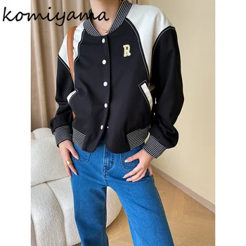 Женские куртки Komiyama с контрастной вышивкой и буквами, свободные повседневные жакеты Chaqueta Mujer с длинным рукавом, осенние бейсбольные пальто