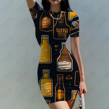 Женские повседневные модные узкие платье напиток бутылка 3D печать платье темперамент прекрасный корпоратив платье Летнее платье