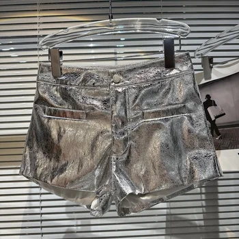 Женские шорты с металлическим отливом, серебристо-черные летние блестящие шорты