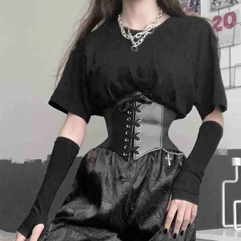 Женский корсетный пояс в готическом стиле, женские корсетные ремни на шнуровке из искусственной кожи, утягивающий талию, винтажный корсет, черный широкий пояс для девочки