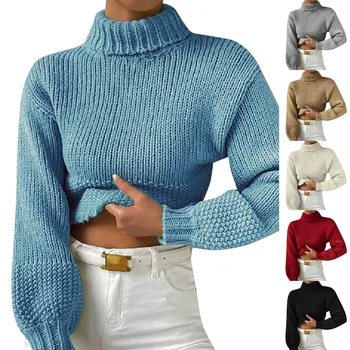 Женский модный свитер с высоким воротом, вязаный повседневный свитер с длинным рукавом, пуловер, свитера для женщин