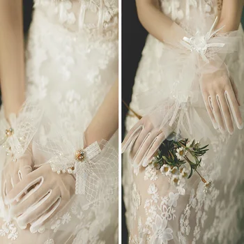 Женский свадебный аксессуар, Кружевная перчатка на полный палец, свадебные перчатки, Прозрачная Сетчатая вечеринка с бантом