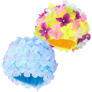 Женское платье для плавания из 2 предметов, женские шапочки для плавания с цветочным рисунком, эластичные шапочки для плавания с цветочными лепестками, шапочки для купания