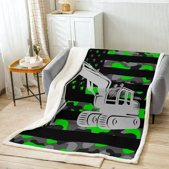 Зеленое камуфляжное шерп-одеяло для экскаватора с американским флагом, строительное флисовое покрывало для кровати, дивана, камуфляжных грузовиков