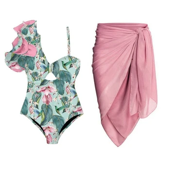 Зеленый купальник на подтяжках с рюшами, цельное бикини с высокой талией и розовая шифоновая юбка, элегантный, подходит для женщин