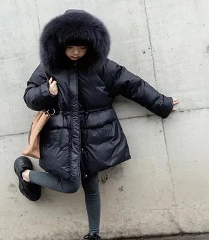 Зимнее длинное приталенное пуховое пальто для девочек от 4 до 12 лет