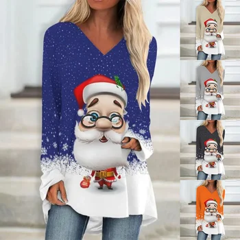 Зимние топы 2023, винтажная сексуальная футболка с длинным рукавом, женский пуловер с V-образным вырезом, винтажная рождественская футболка с принтом Деда Мороза