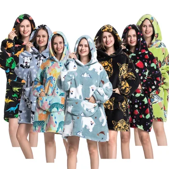 Зимние фланелевые носимые одеяла Пижамы Домашняя одежда Пижамы свободного кроя Для взрослых Женщин мужчин Толстовка с капюшоном большого размера