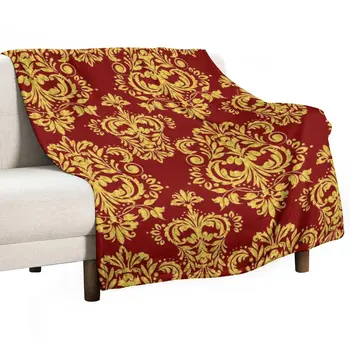 Золотое и темно-красное покрывало с цветочным дамасским узором из фланелевой ткани, покрывало для дивана