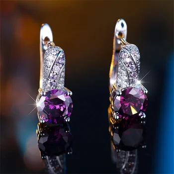 Изящные Милые серьги-кольца с камнем рождения, свадебные серьги серебристого цвета в стиле бохо, фиолетовый кристалл, маленькие круглые серьги с камнем для женщин в подарок