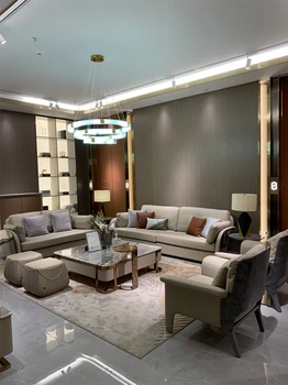 Итальянский легкий роскошный кожаный диван, сочетание постмодернистского минималистского дизайна, гостиная на вилле, высококачественная мебель из массива дерева