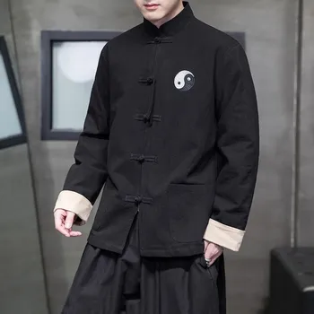 Китайская ретро куртка из хлопка и льна, мужской осенне-зимний костюм с вышивкой в стиле Тан Оверсайз, свободное повседневное пальто в стиле харадзюку