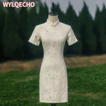 Китайский традиционный прополочный Чонсам для женщин, костюмы, короткое платье белого однотонного цвета, элегантное облегающее ципао для девочек в стиле ретро