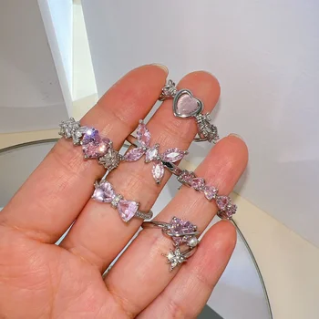 Кольца с бантом в виде розового хрустального сердца для женщин и девочек Y2k Kpop Sweet Cool Open Finger Rings Wedding Party Fashion Jewelry Подарки 2023
