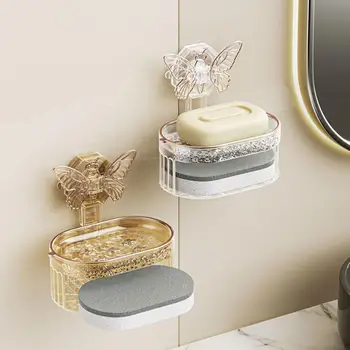 Коробка для мыла с двухслойным дизайном, двухслойная коробка для мыла с бабочкой, настенная, без перфорации, Дренажная, Водопоглощающая полка для ванной комнаты