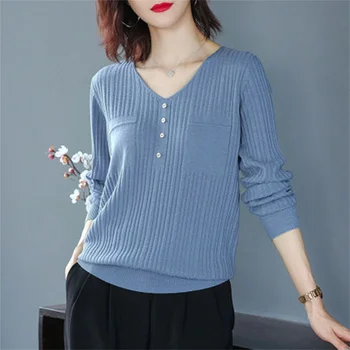 Короткие вязаные топы в корейском стиле с V-образным вырезом, женский повседневный Свободный вязаный пуловер большого размера, Элегантный однотонный трикотаж, синий тонкий свитер