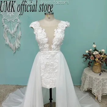 Короткое свадебное платье UMK с роскошным 3D кружевным рукавом, современный съемный тюлевый шлейф, иллюзия Бохо, свадебные платья