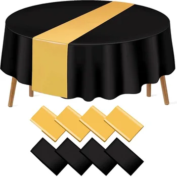 костюм из 8 предметов размером 84 дюйма, Круглая пластиковая скатерть, настольная дорожка размером 12x108 дюймов, свадебная вечеринка, черное золото, одноразовое круглое покрытие для стола