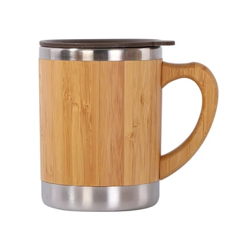 Кофейная кружка в деревенском стиле из бамбука с ручкой-крышкой, Термос из нержавеющей стали, Чайная чашка для чая Латте, шоколада, сока, воды, 12 унций T5EF