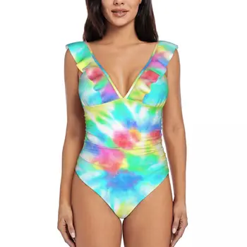 Красочные акварельные модные женские бикини, цельные пляжные купальники с V-образным вырезом, купальный костюм S