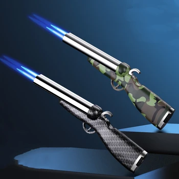 Креативный мини-пистолет Зажигалка с двойным пламенем Ветрозащитная двухструйная бутановая газовая зажигалка с открытым пламенем Аксессуары для курения Мужской подарок