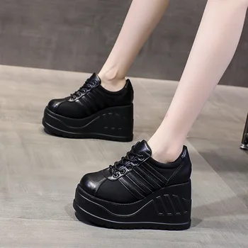 Кроссовки на платформе с толстой подошвой в стиле харадзюку в черную полоску большого размера в стиле панк, увеличивающие рост, 2023, Осенняя новая женская обувь JK на танкетке